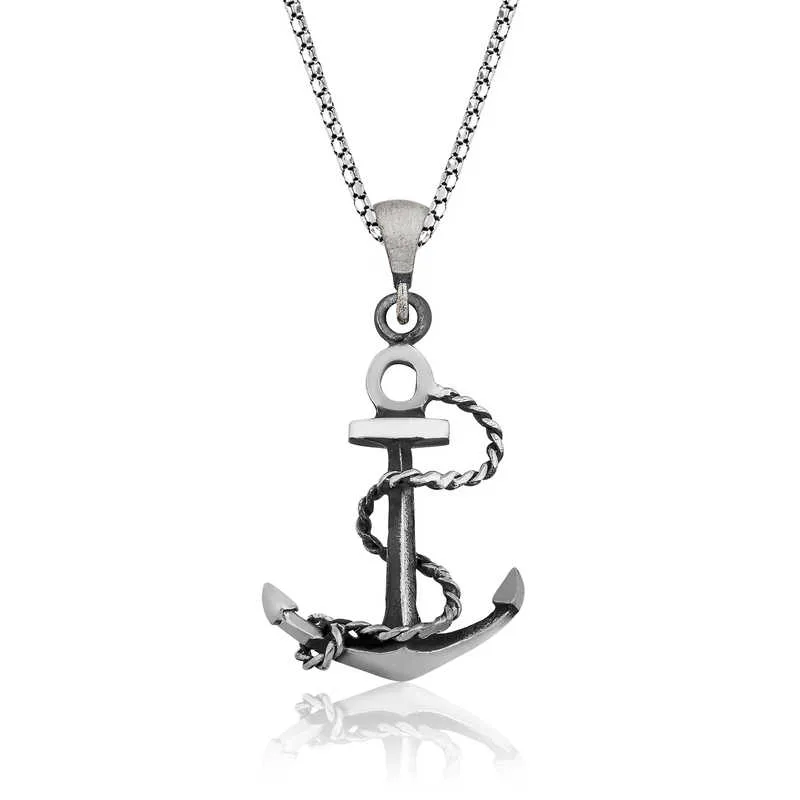 Oxidized Sterling Silver Anchor Pendant Necklace for Men | Nautical Maritime Symbol Jewelry