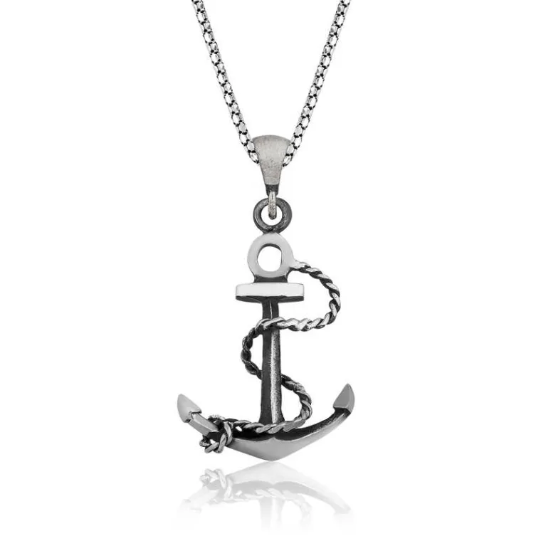 Oxidized Sterling Silver Anchor Pendant Necklace for Men