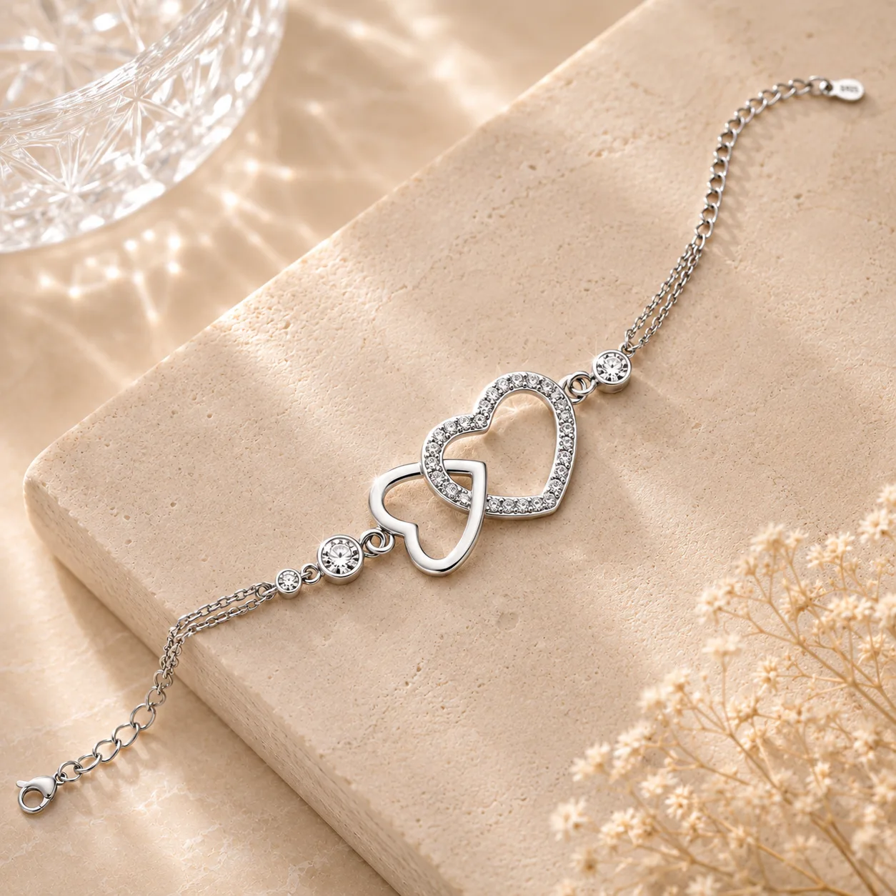 Sterling Silver Open Heart Bracelet with Solitaire Zircon for Women