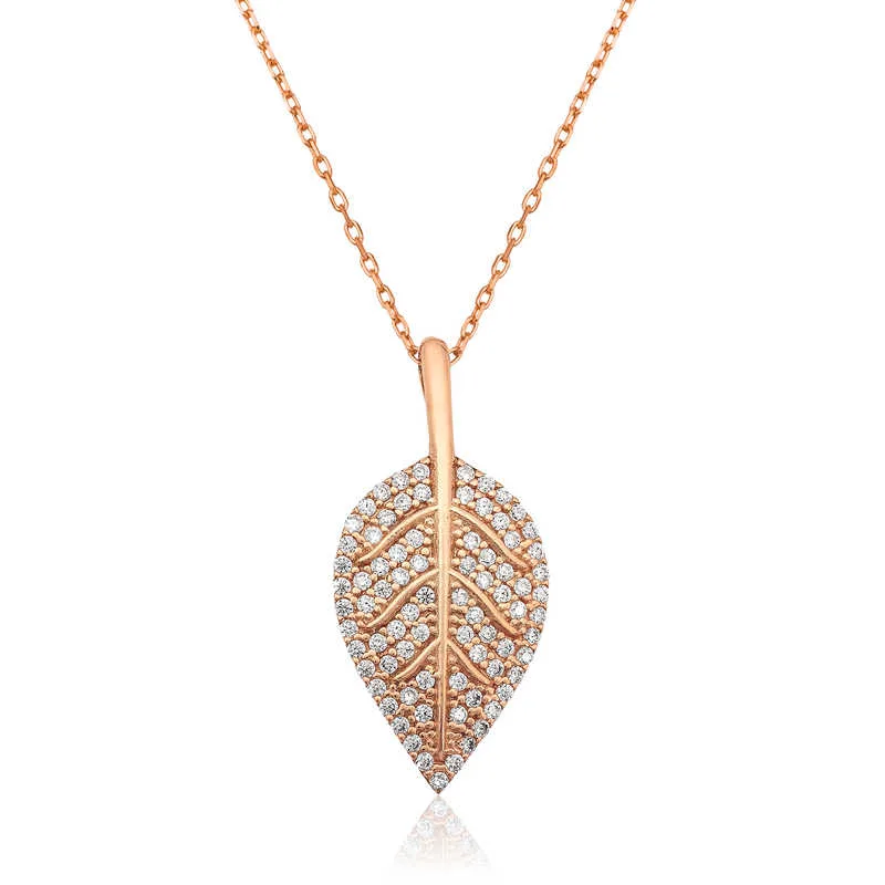 925 Sterling Silver Rose Gold Leaf Necklace for Women | Zircon Leaf Pendant Jewelry