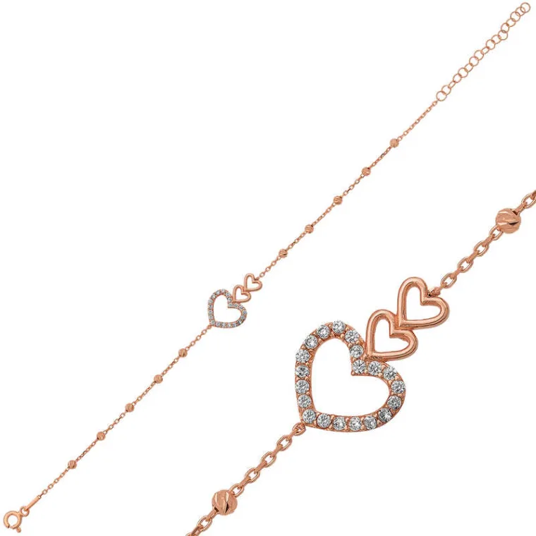 925 Sterling Silver Rose Gold Plated Dorissa Three Heart Bracelet for Women