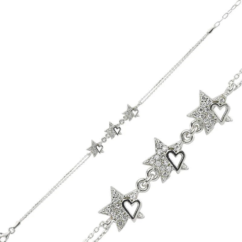 925 Sterling Silver Heart & Star Bracelet for Women | Rhodium Plated Celestial Zircon Jewelry