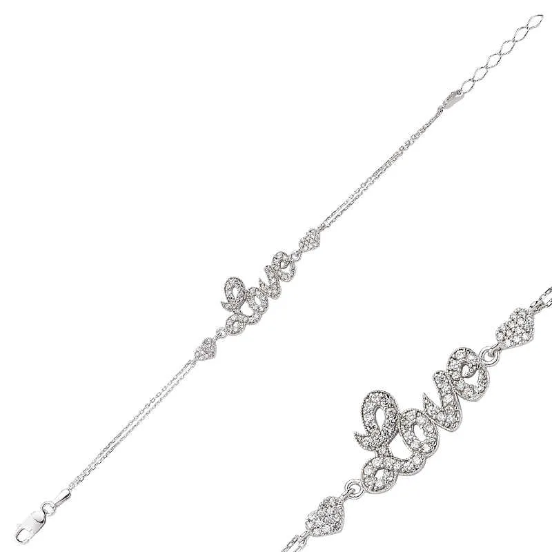 Sterling Silver Open Heart Bracelet with Solitaire Zircon for Women