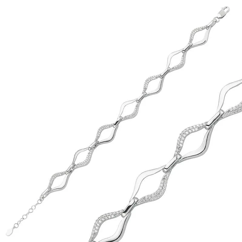 925 Sterling Silver Wave Link Bracelet for Women | Rhodium Plated White Zircon Statement Bracelet