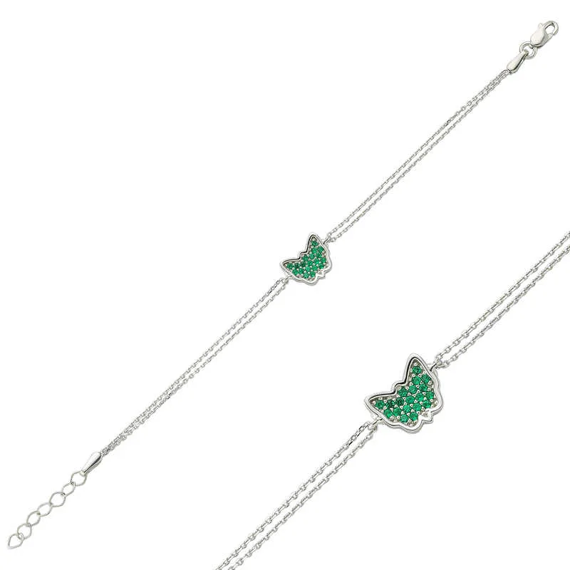925 Sterling Silver Butterfly Bracelet for Women | Rhodium Plated Green & White Zircon Jewelry