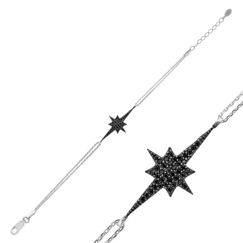 925 Sterling Silver Black North Star Bracelet for Women | Rhodium Plated Polaris Inspired Star Jewelry