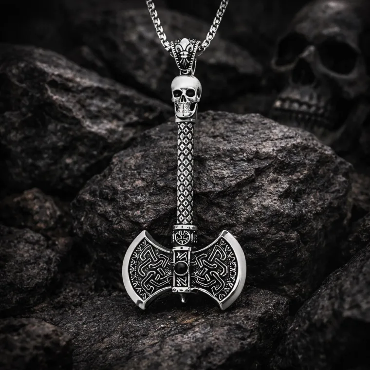 925 Sterling Silver Oxidized Battle Axe Pendant Necklace for Men alternate view