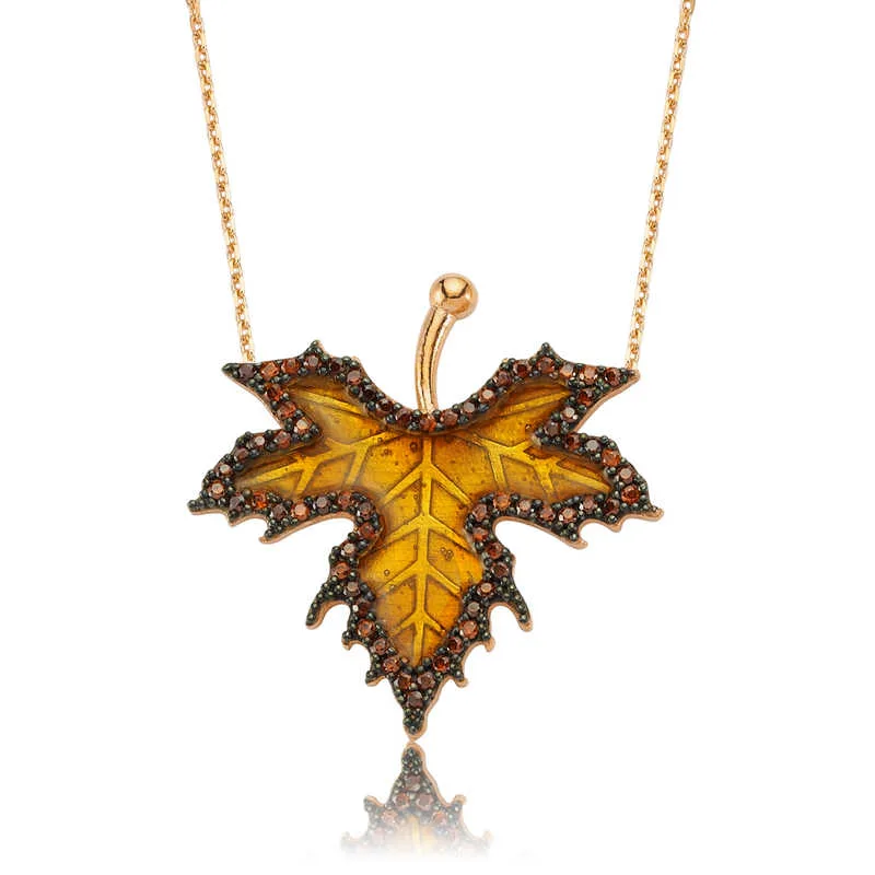 Autumn Maple Leaf Pendant Necklace | Sterling Silver Enamel Zircon Nature Jewelry
