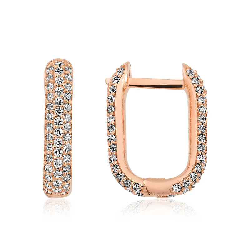 925 Sterling Silver Rose Gold Plated Double-Sided White Zircon J Hoop Earrings for Women | Elegant Everyday Jewelry