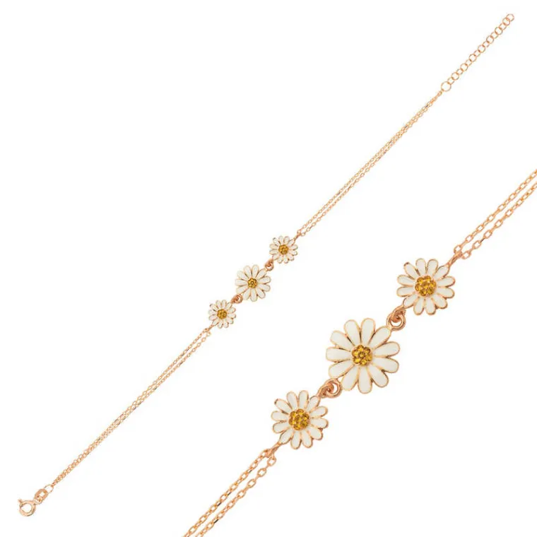 925 Sterling Silver Rose Gold Plated Triple Daisy Bracelet for Women