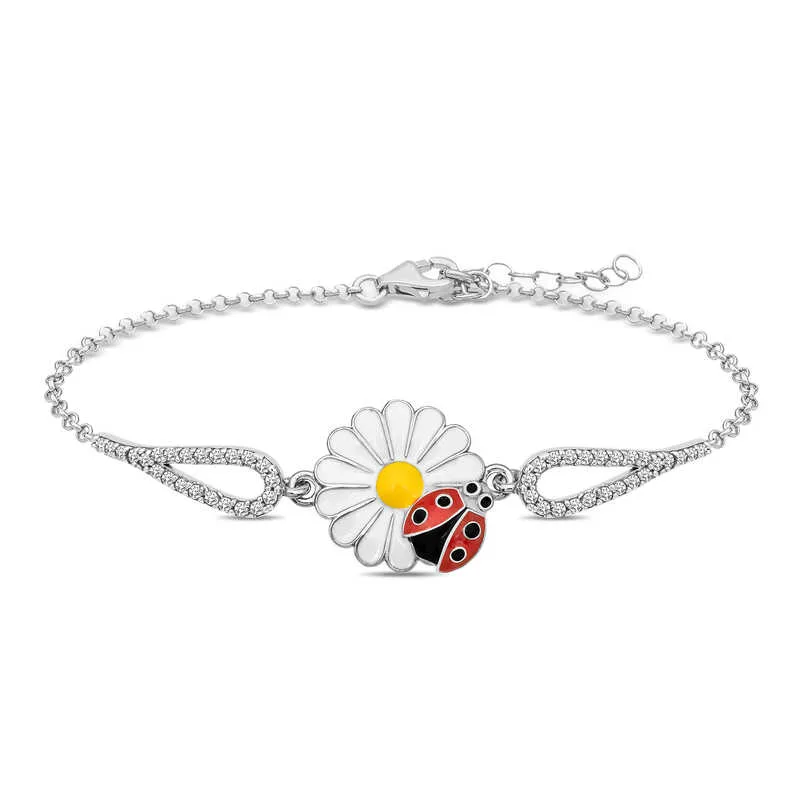 925 Sterling Silver Daisy Flower Ladybug Bracelet for Women | Rhodium Plated Handmade Nature Inspired Jewelry