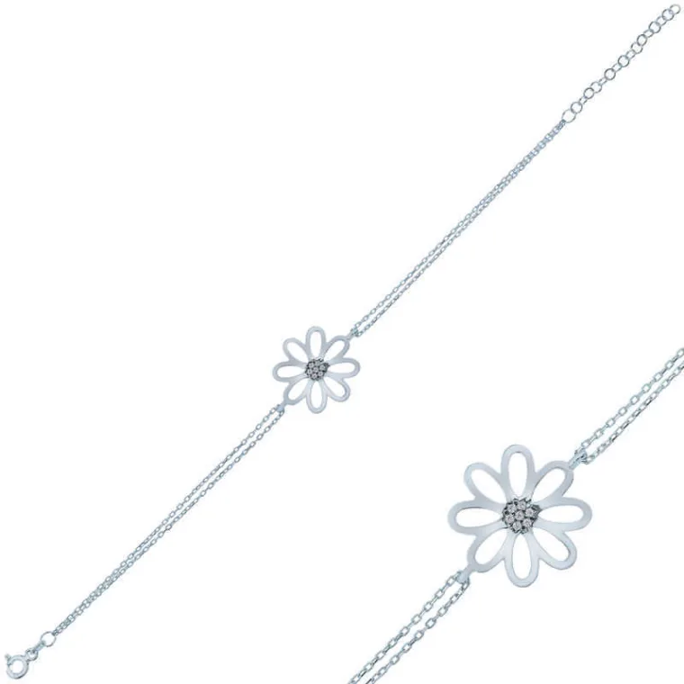 Rhodium Plated Sterling Silver Flower Bracelet for Women