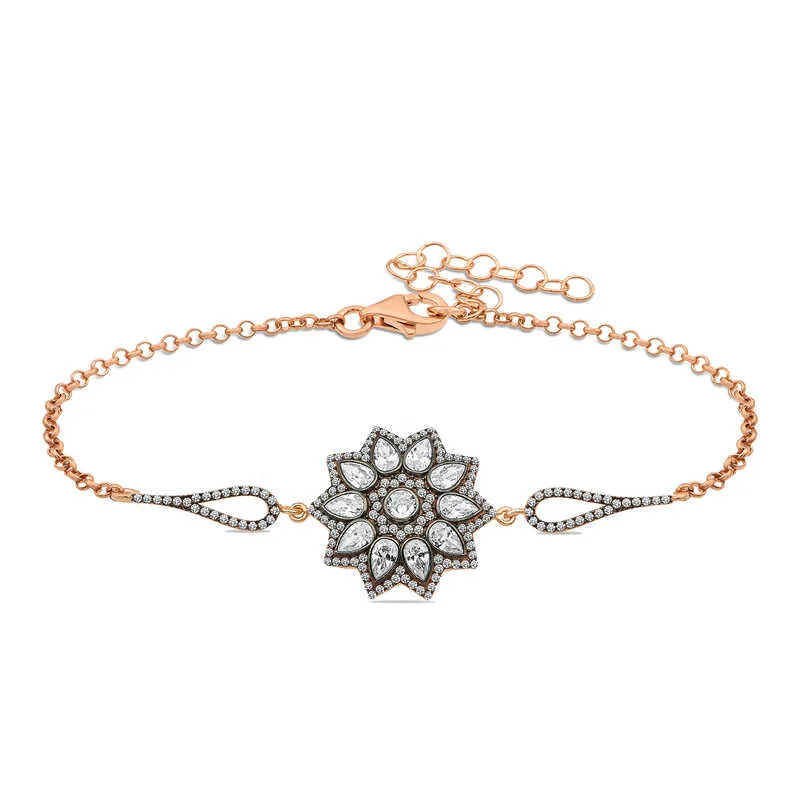 Rose Gold Plated Sterling Silver Red Lotus Flower Bracelet for Women