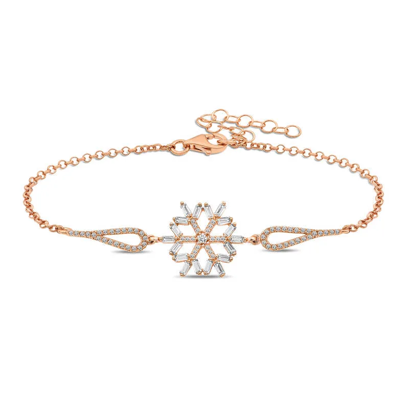 925 Sterling Silver Rose Gold Plated Snowflake Bracelet for Women with Baguette Zircon Stones | Elegant Winter Inspired Jewelry