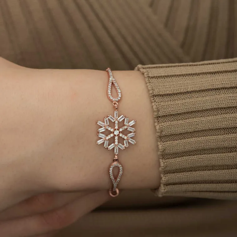 925 Sterling Silver Rose Gold Plated Snowflake Bracelet for Women with Baguette Zircon Stones alternate view