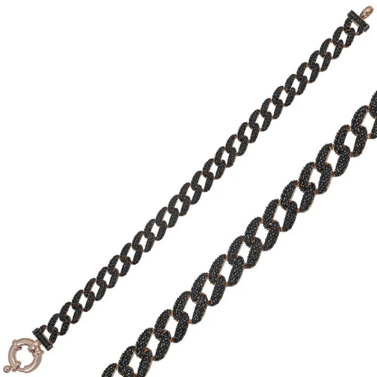 925 Sterling Silver Rose Gold Black Zircon Gourmet Chain Bracelet for Women