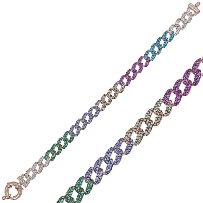 925 Sterling Silver Rose Gold Multicolor Zircon Gourmet Chain Bracelet for Women | Luxury Statement Link Jewelry