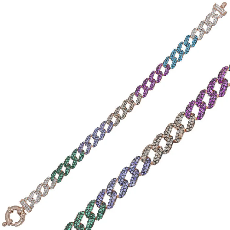925 Sterling Silver Rose Gold Multicolor Zircon Gourmet Chain Bracelet for Women