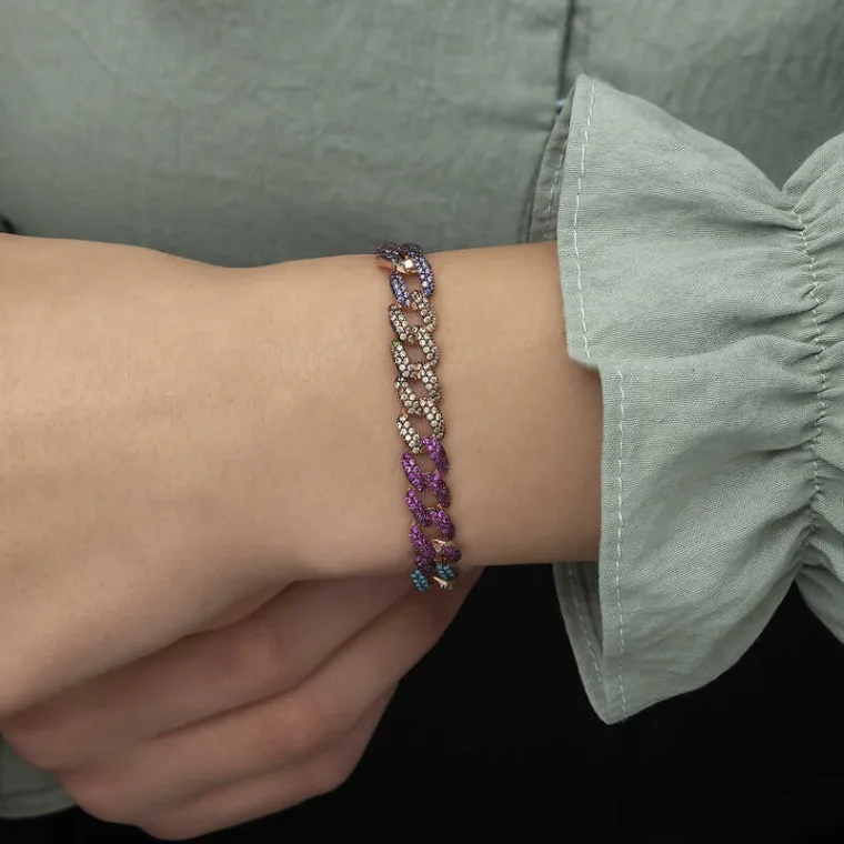 925 Sterling Silver Rose Gold Multicolor Zircon Gourmet Chain Bracelet for Women alternate view