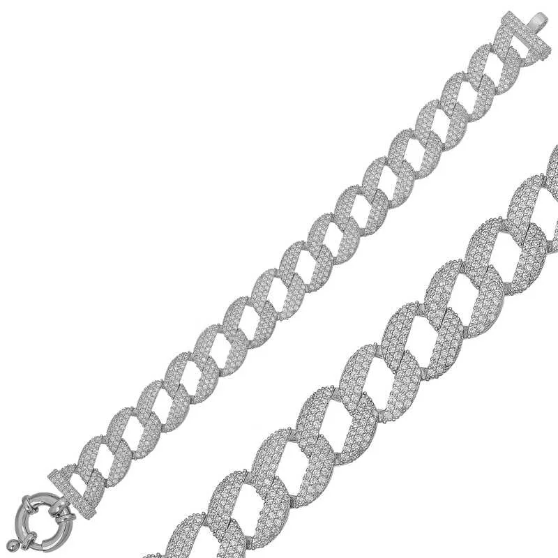 Rhodium Plated Sterling Silver Gourmet Link Bracelet with White Zircon Stones for Women
