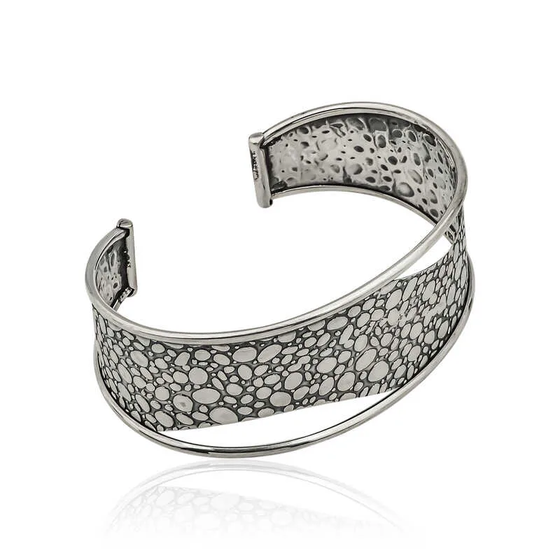 925 Sterling Silver Antique Textured Cuff Bracelet for Women | Vintage Engraved Rhodium Plated Bangle Jewelry - image 2