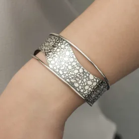 925 Sterling Silver Antique Textured Cuff Bracelet for Women | Vintage Engraved Rhodium Plated Bangle Jewelry - image 3 thumbnail