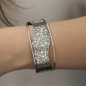 925 Sterling Silver Antique Textured Cuff Bracelet for Women | Vintage Engraved Rhodium Plated Bangle Jewelry - image 4 thumbnail