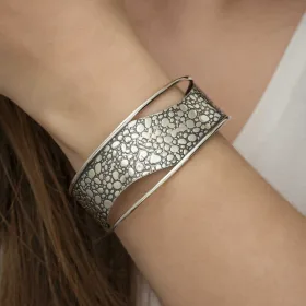 925 Sterling Silver Antique Textured Cuff Bracelet for Women | Vintage Engraved Rhodium Plated Bangle Jewelry - image 5 thumbnail