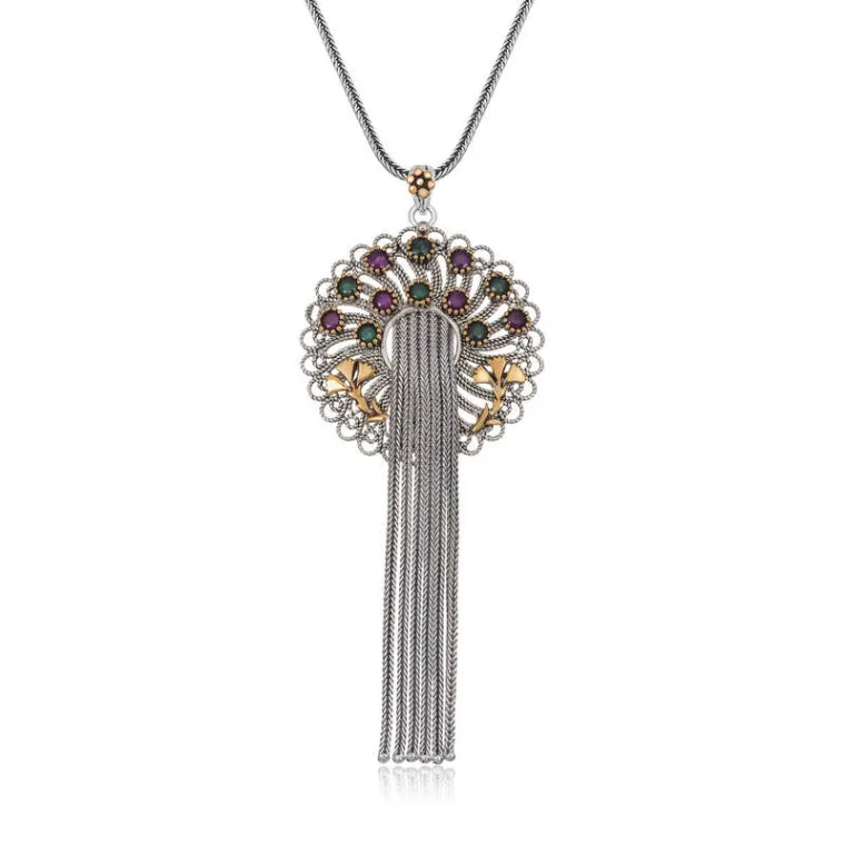 925 Sterling Silver Handmade Filigree Pendant Necklace with Ruby & Emerald Color Stones