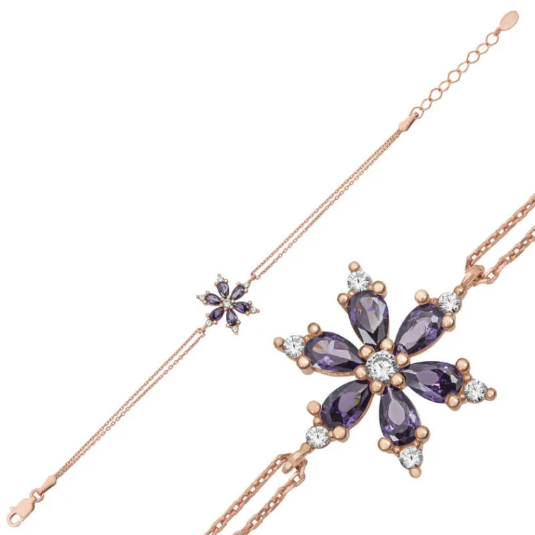 Rose Gold Plated Sterling Silver Purple Lotus Flower Bracelet for Women with Zircon Stones