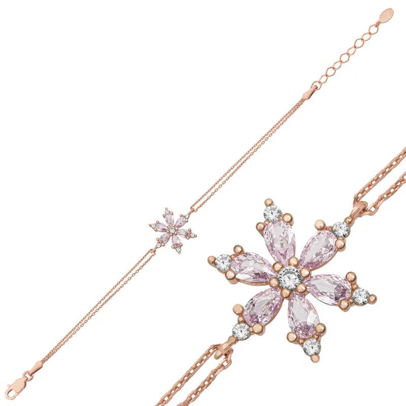Rose Gold Plated Sterling Silver Pink Lotus Flower Bracelet for Women | Pink Zircon Lotus Bracelet