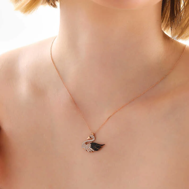 Rose Gold Plated Sterling Silver Swan Necklace for Women | White Zircon Elegant Bird Pendant - image 2