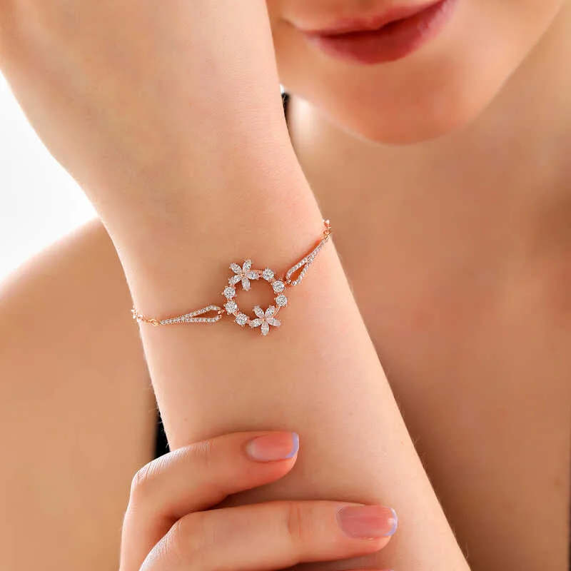 925 Sterling Silver Rose Gold White Flower Bracelet for Women | Sparkling Floral Zircon Bracelet | Elegant Jewelry