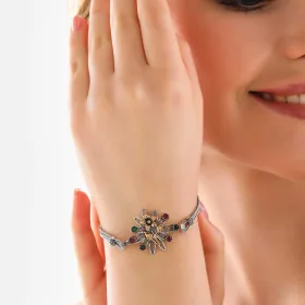 925 Sterling Silver Vintage Floral Bracelet for Women | Oxidized Bohemian Jewelry with Red & Green Zircon thumbnail