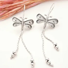 925 Sterling Silver Filigree Dragonfly Dangle Earrings for Women | Elegant Nature Inspired Handmade Jewelry thumbnail
