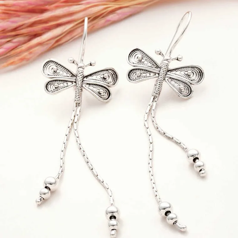 925 Sterling Silver Filigree Dragonfly Dangle Earrings for Women