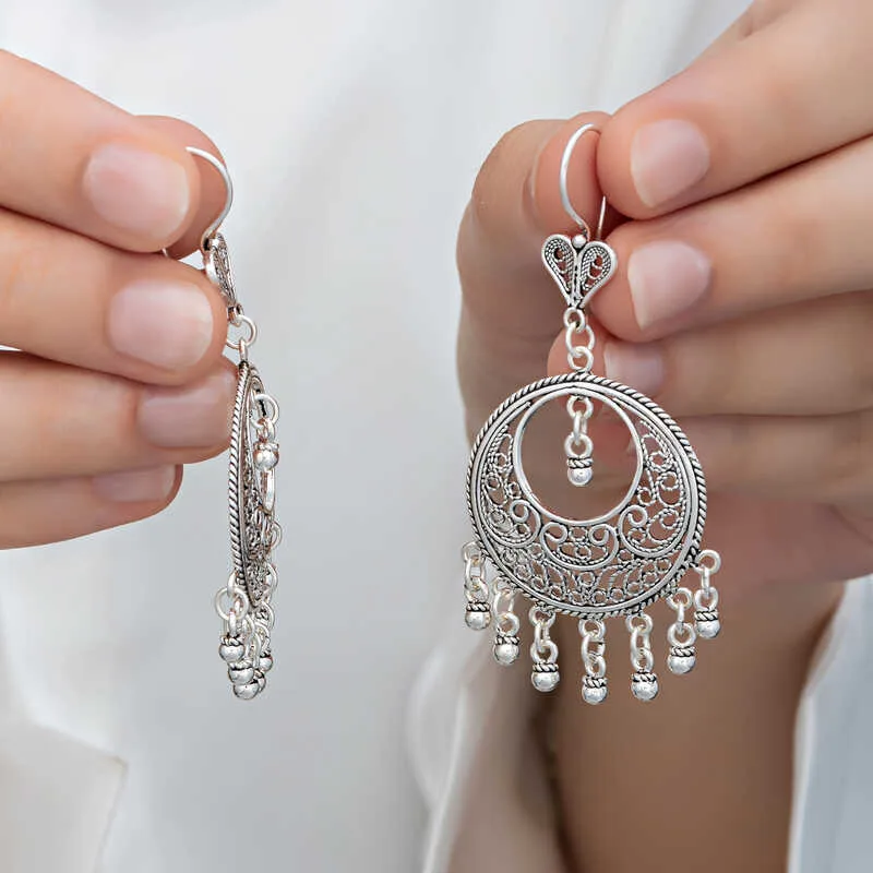 925 Sterling Silver Filigree Dangle Hoop Earrings for Women | Handmade Mardin Inspired Jewelry