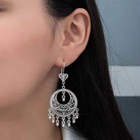 925 Sterling Silver Filigree Dangle Hoop Earrings for Women | Handmade Mardin Inspired Jewelry - image 2 thumbnail