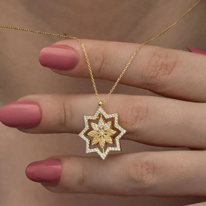925 Sterling Silver Gold Plated Star Flower Necklace for Women | Zircon Floral Pendant Necklace - image 2
