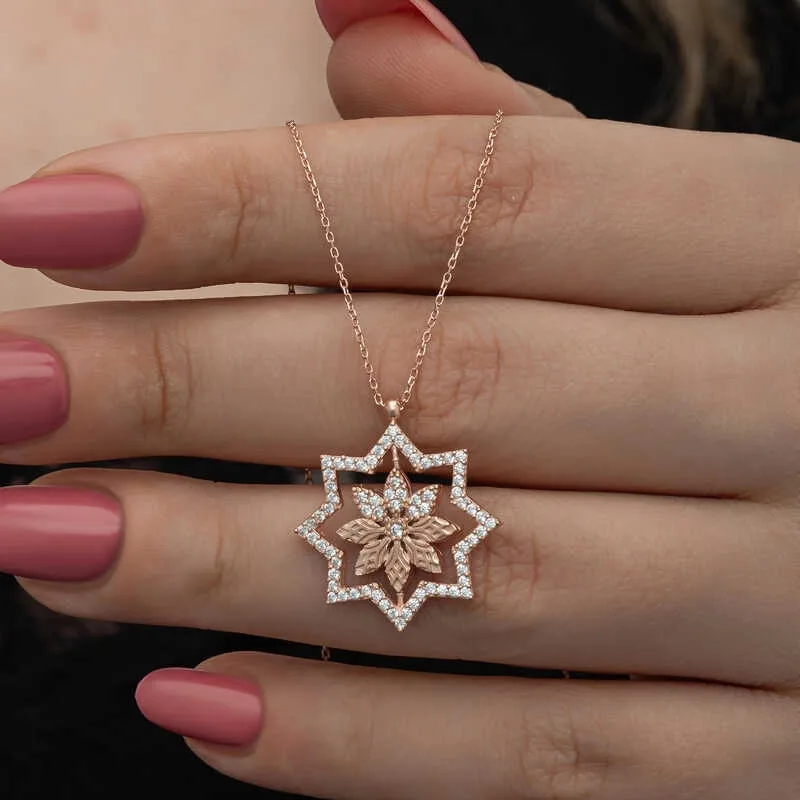 925 Sterling Silver Rose Gold Plated Star Flower Necklace for Women | Zircon Floral Pendant Necklace - image 2