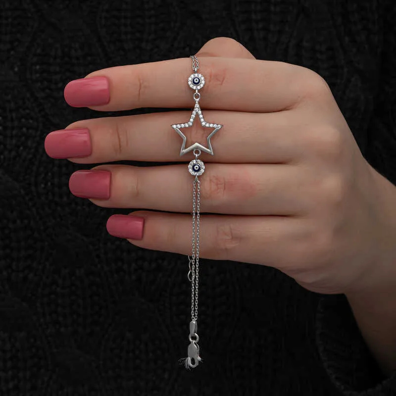 925 Sterling Silver Star and Evil Eye Bracelet for Women | Rhodium Plated White Zircon Bracelet - image 2