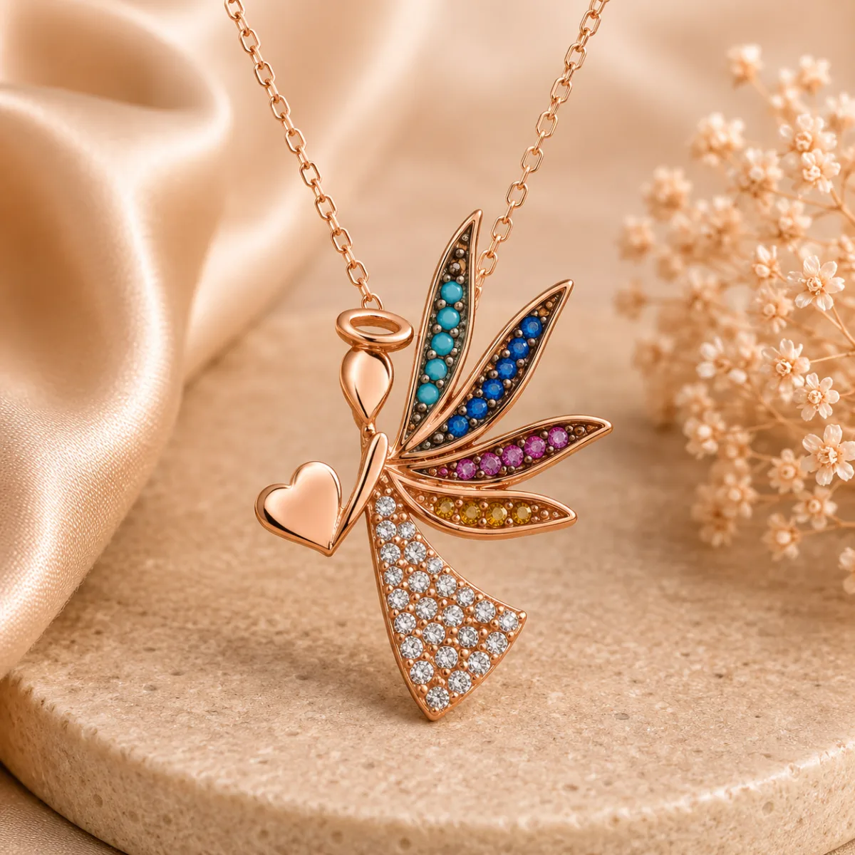 Rose Gold Plated Sterling Silver Cupid Angel Necklace For Women Love Protection Pendant Jewelry