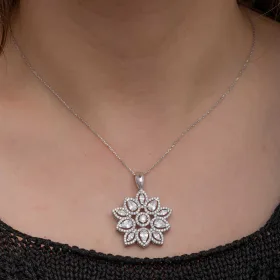 925 Sterling Silver Floral Zircon Cluster Necklace for Women | Rhodium Plated Flower Pendant - image 2 thumbnail