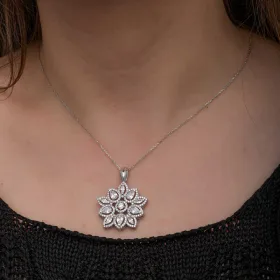 925 Sterling Silver Floral Zircon Cluster Necklace for Women | Rhodium Plated Flower Pendant - image 3 thumbnail