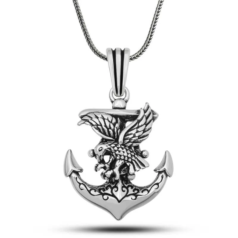 925 Sterling Silver Eagle Anchor Pendant Necklace for Men | Oxidized Nautical Statement Jewelry