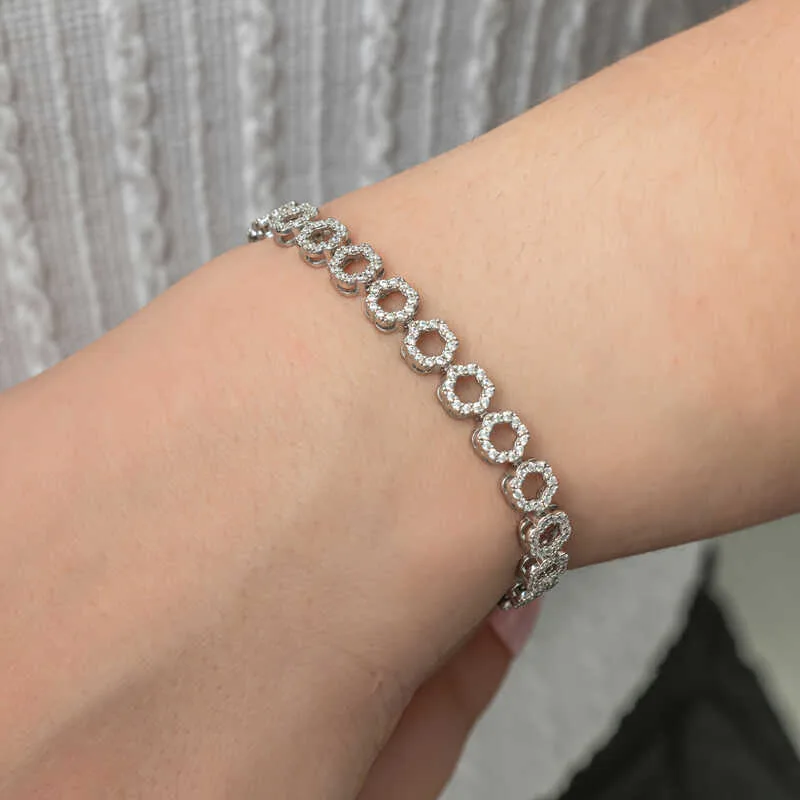 Sterling Silver Rhodium Plated Circle White Zircon Tennis Bracelet for Women