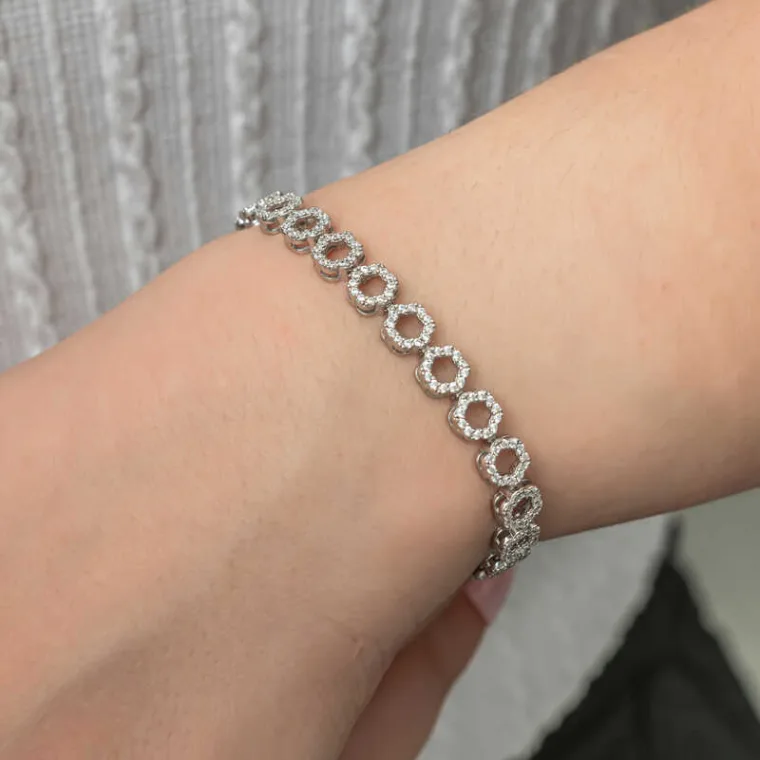Sterling Silver Rhodium Plated Circle White Zircon Tennis Bracelet for Women