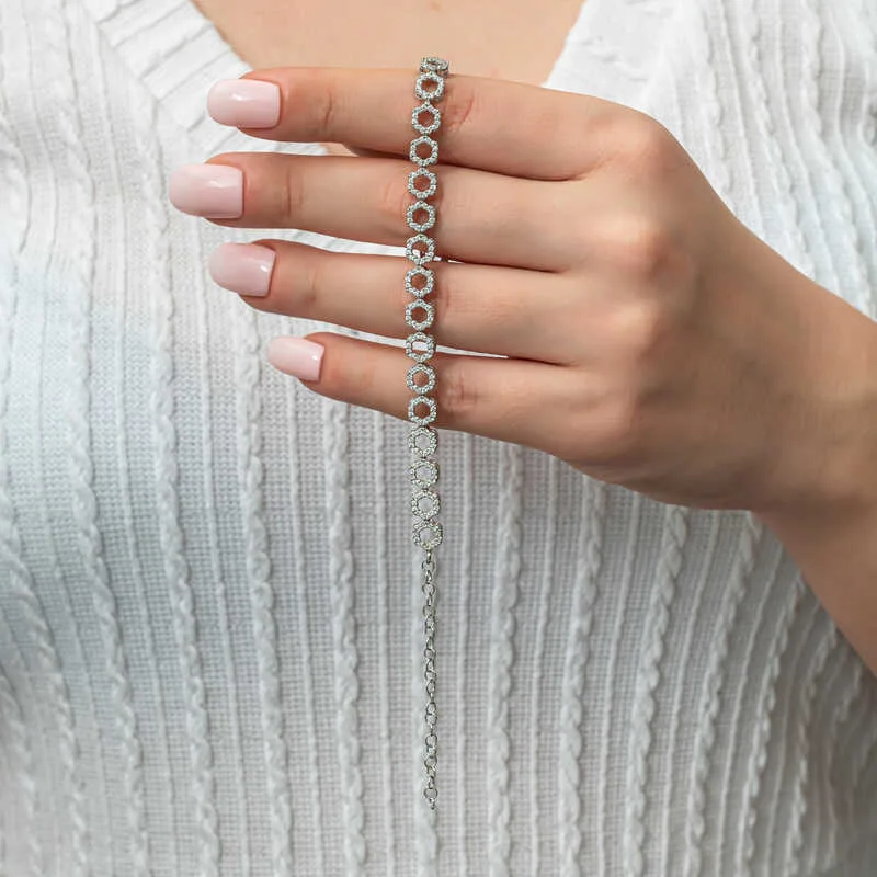 Sterling Silver Rhodium Plated Circle White Zircon Tennis Bracelet for Women - image 2