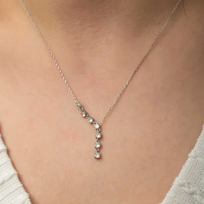 925 Sterling Silver Vertical Zircon Bar Necklace for Women | Rhodium Plated Elegant Bar Pendant Necklace - image 2