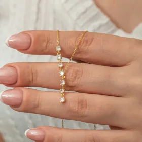 925 Sterling Silver Gold Plated Vertical Zircon Bar Necklace for Women | Elegant Bar Pendant Necklace thumbnail